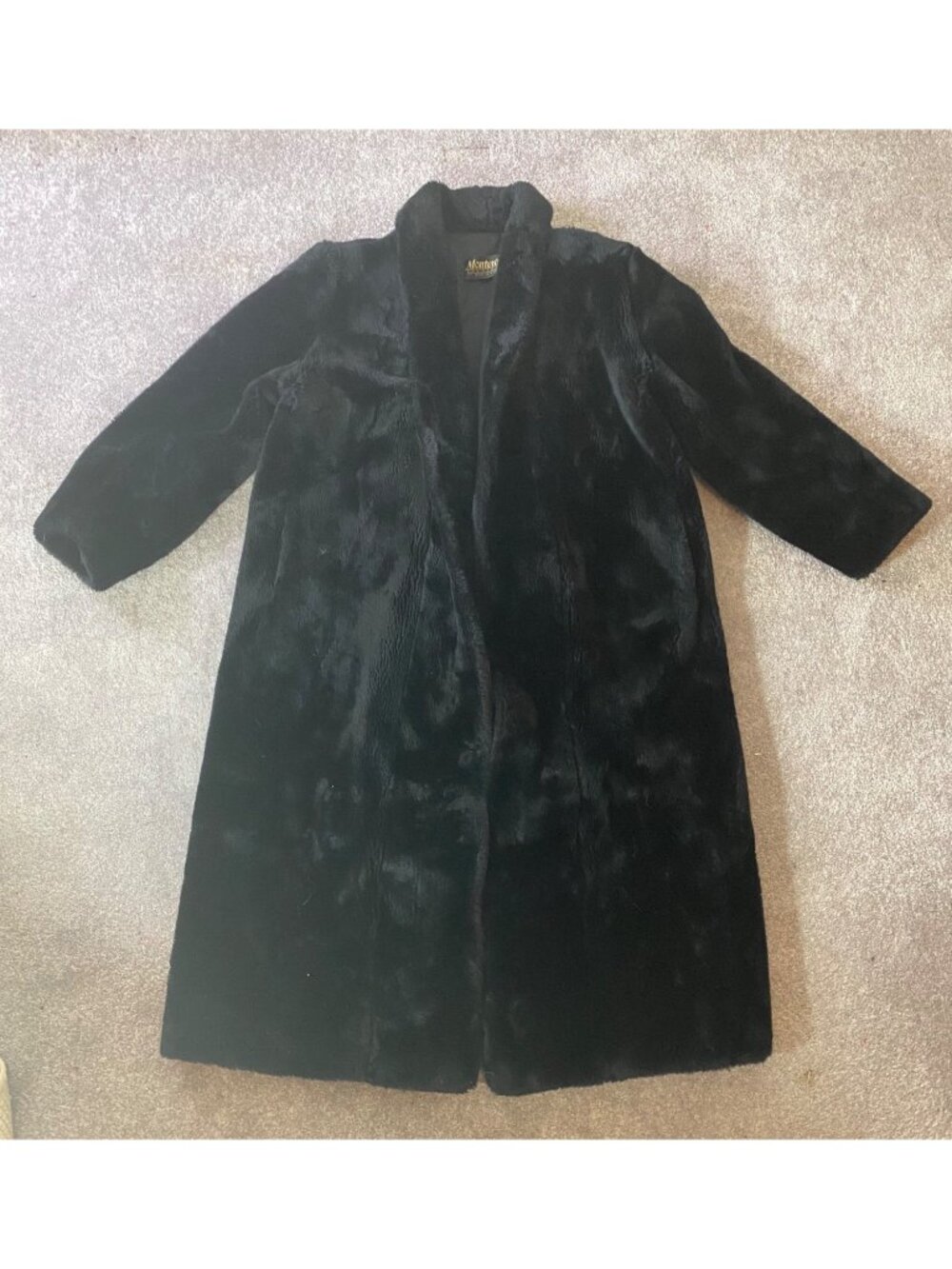 Vintage Monterey Fashions Black Faux Fur Maxi Coat Large Made In USA